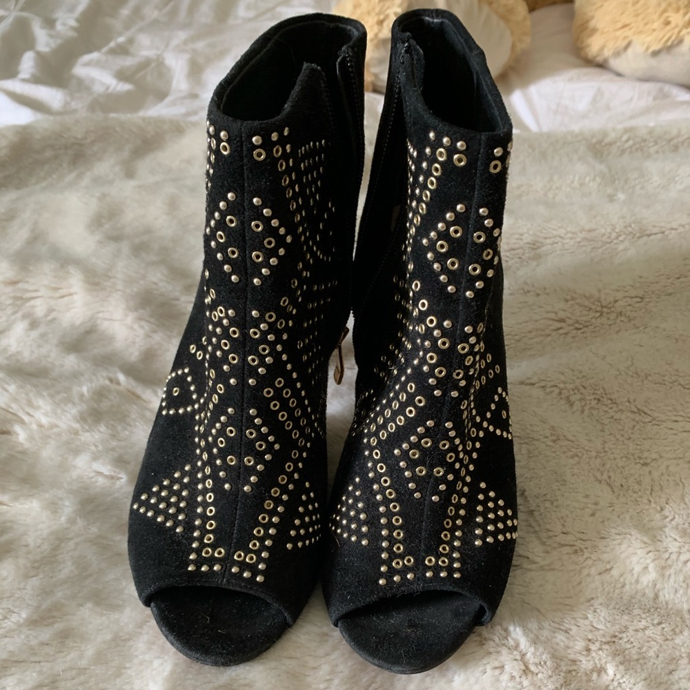 Vince Camuto: Peeptoe Black Suede Heeled Booties